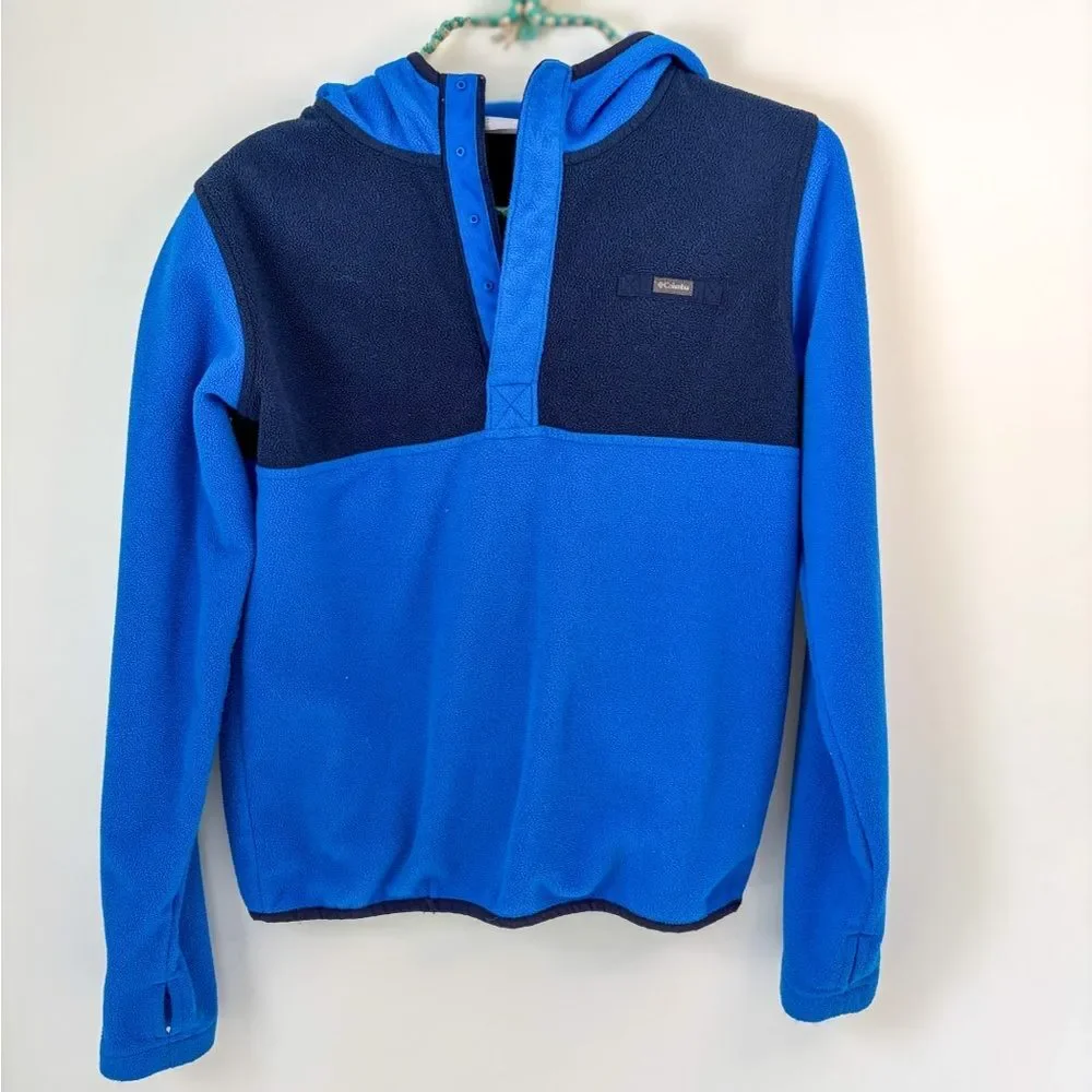 Columbia Boys Blue Navy Colorblock Snap Fleece Hoodie Thumbholes Size Large